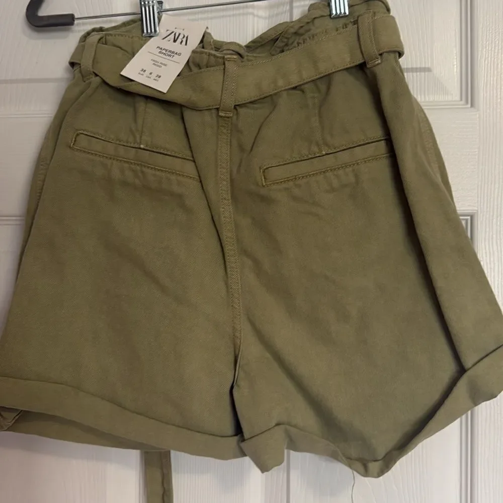 NEW Zara Green Jean Short - High Waisted w Belt - Paper Bag Short - Size 28 NWT